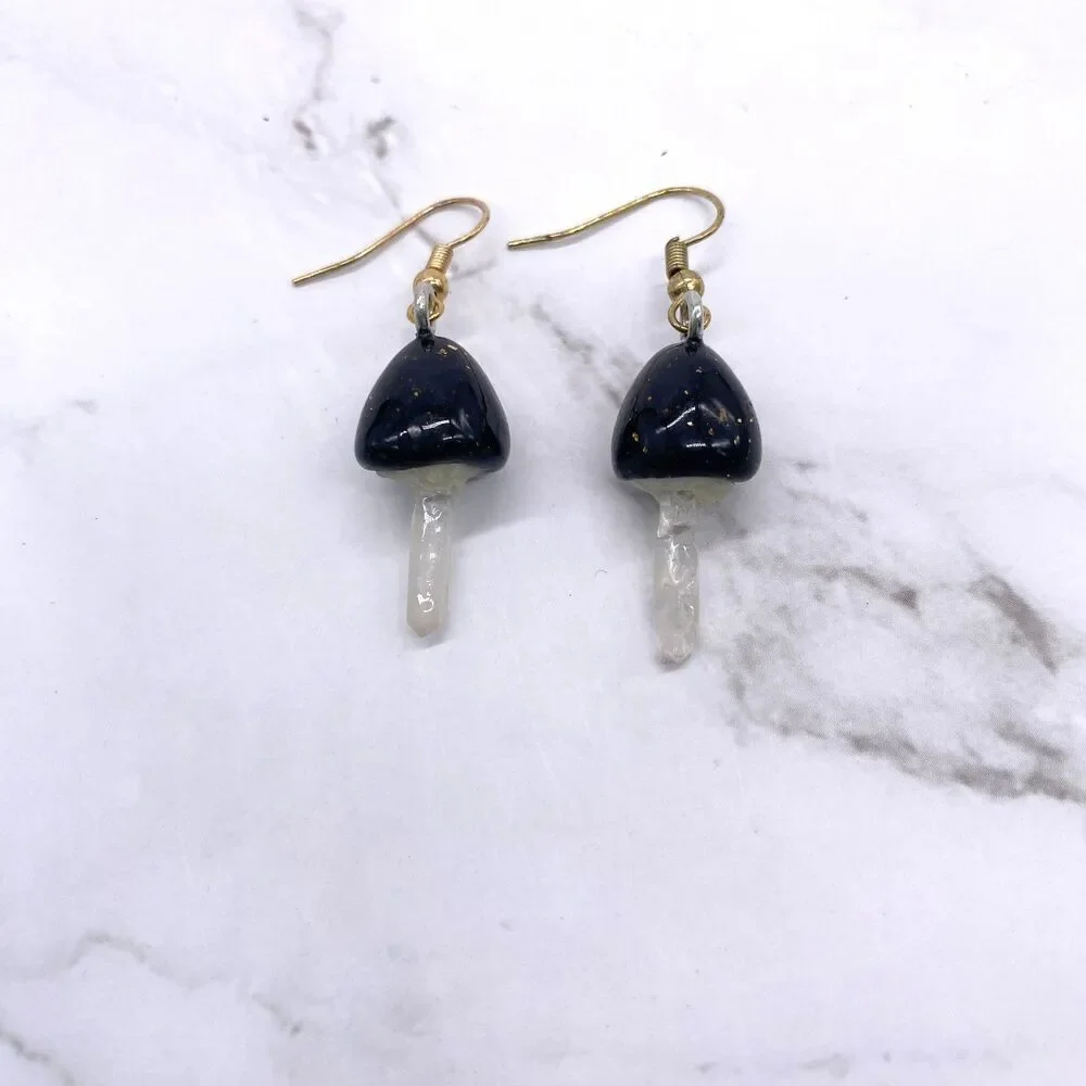 Black Mushroom Quartz Crystal earrings